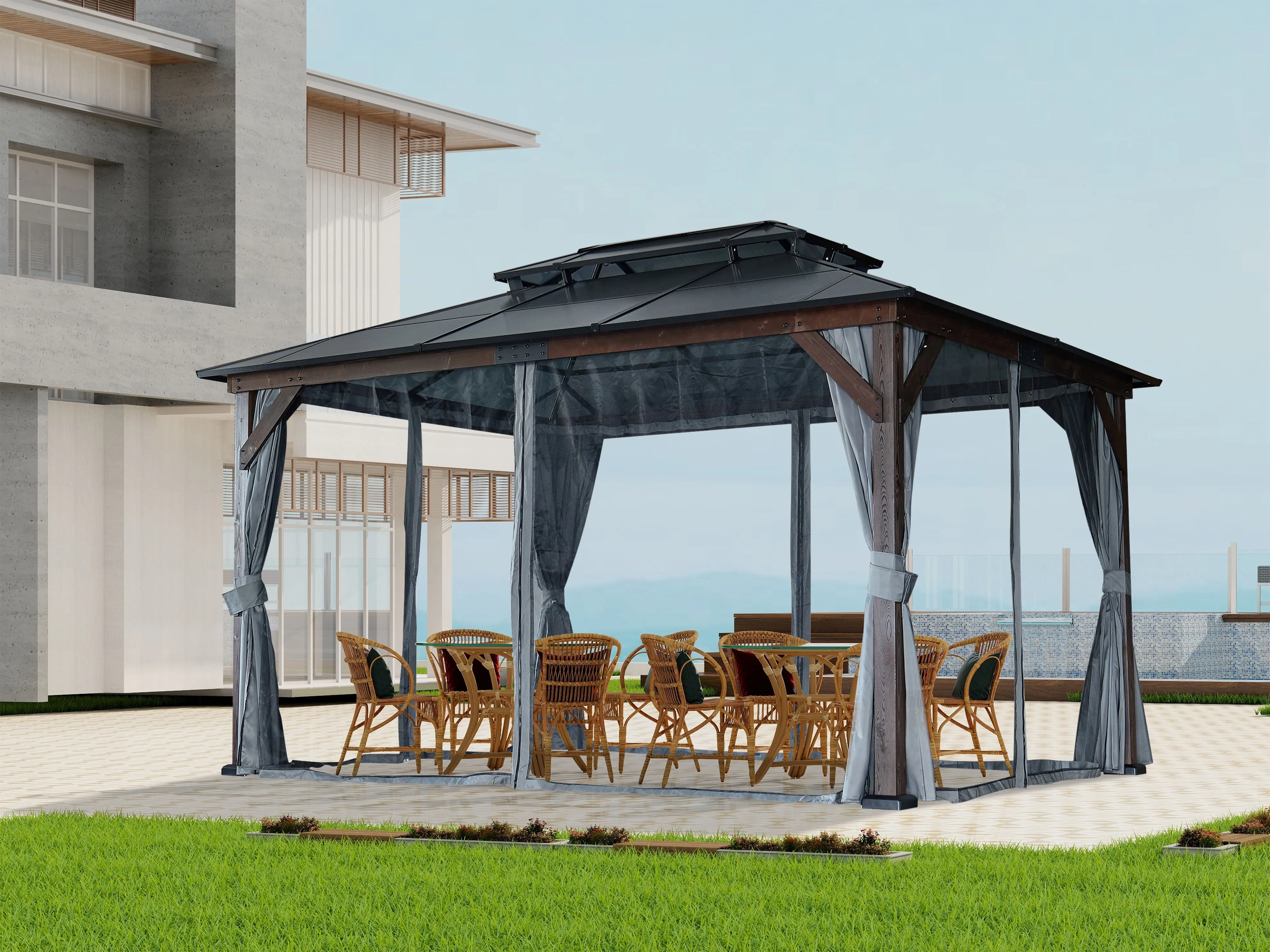 10' x 13' Hardtop Wood Gazebo For Patios, Outdoor Framed Gazebo With Polycarbonate Double Roof Canopy, Solid Wooden Framed Gazebo With Privacy Curtains And Mosquito Nettings For Garden, Backyard - Black