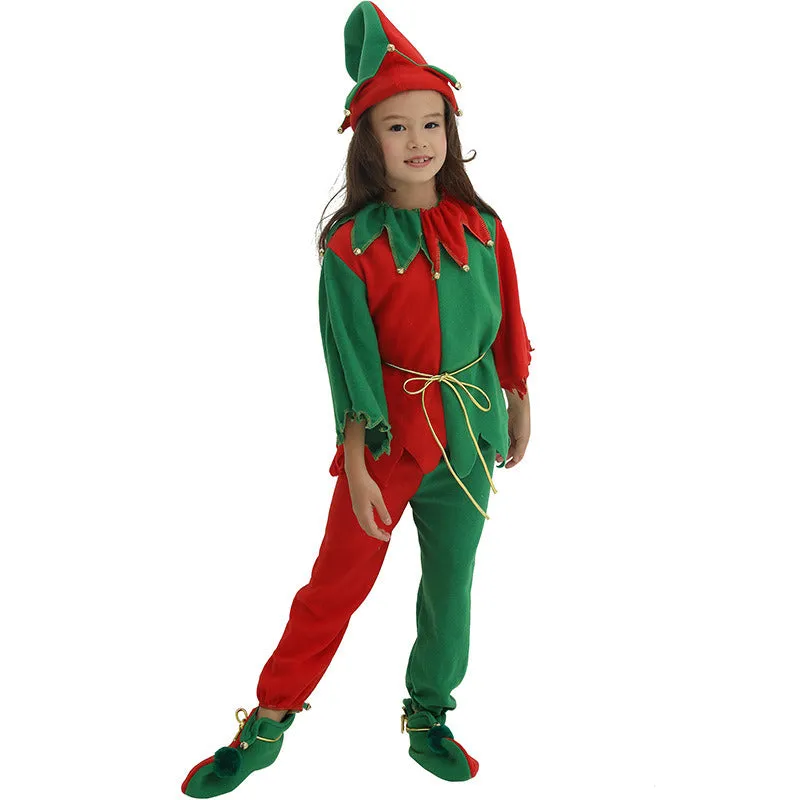 Christmas Elf Parent-child Costume Spirit 7-piece Set Hat Shoes Belt Tops Pants Party Activity Stage Performance Cosplay Holidy