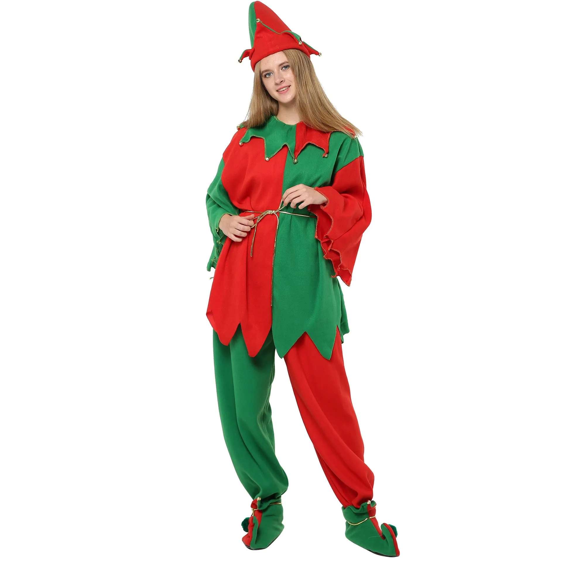 Christmas Elf Parent-child Costume Spirit 7-piece Set Hat Shoes Belt Tops Pants Party Activity Stage Performance Cosplay Holidy