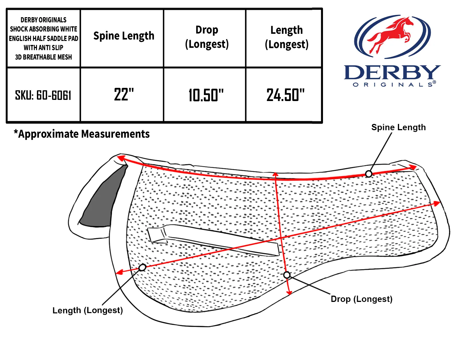 Derby Originals Shock Absorbing White English Half Saddle Pad with Anti Slip 3D Breathable Mesh