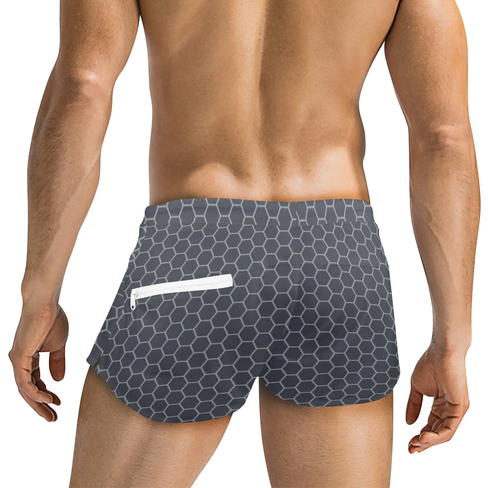 light gray hex print 5 Men's Swim Trunks with Zipper Pocket (Model L71)