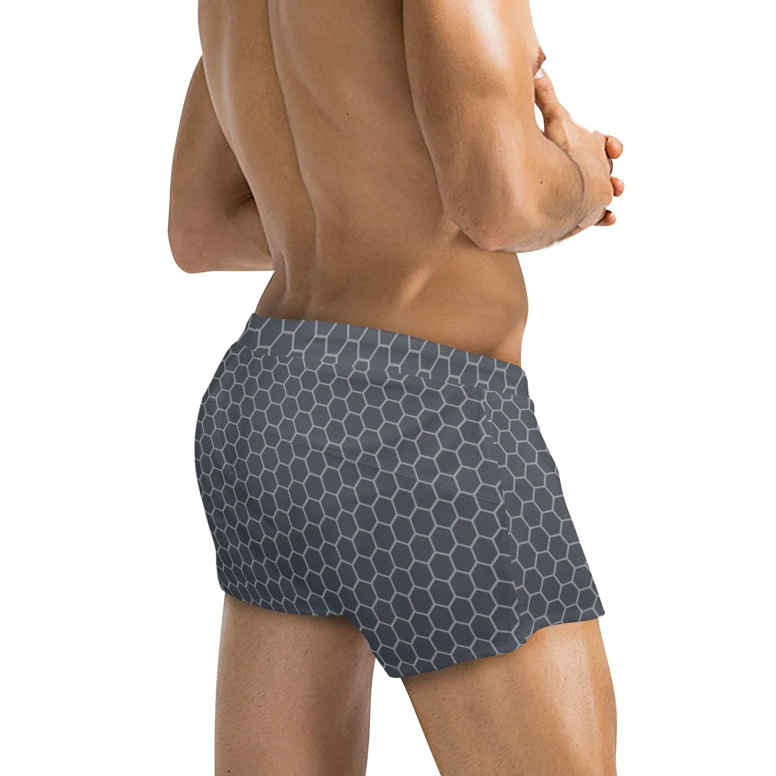 light gray hex print 5 Men's Swim Trunks with Zipper Pocket (Model L71)