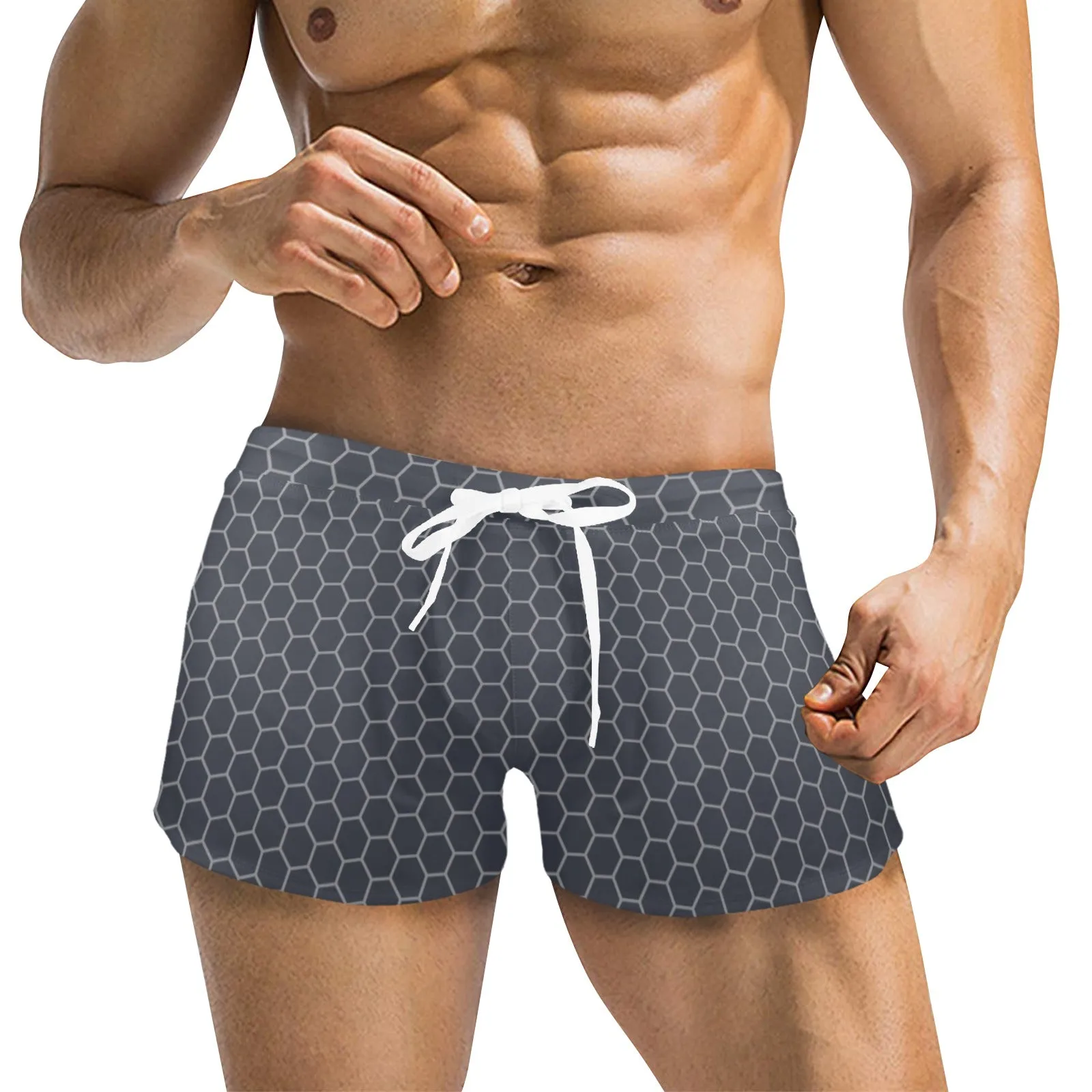 light gray hex print 5 Men's Swim Trunks with Zipper Pocket (Model L71)