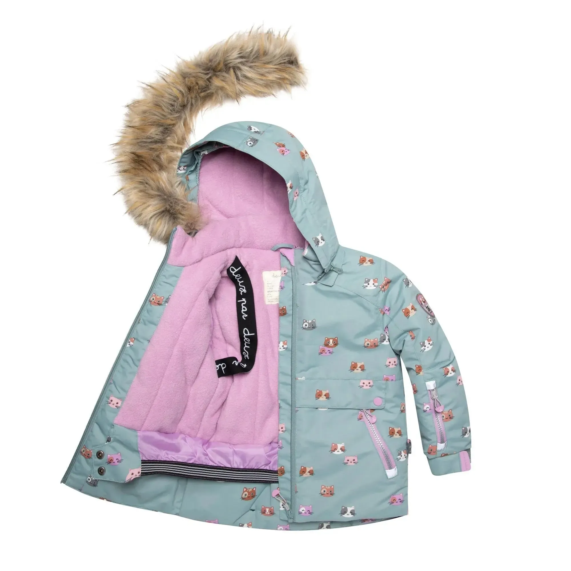 Printed Little Cats Two Piece Girls Snowsuit Sage Green And Rosy Brown | DEUX PAR DEUX