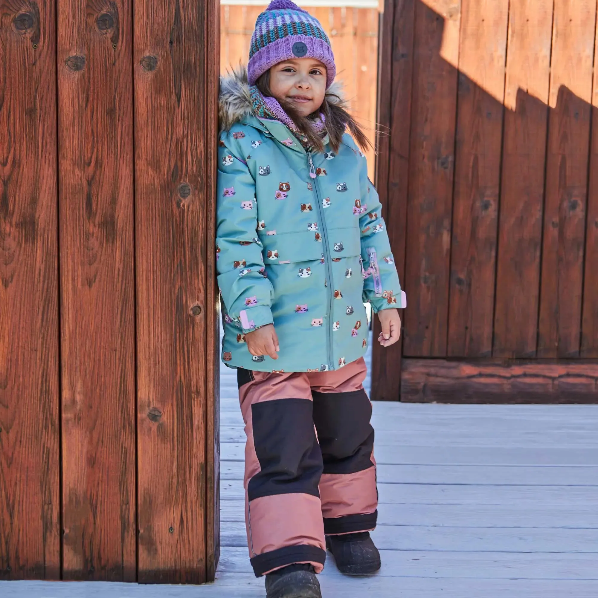 Printed Little Cats Two Piece Girls Snowsuit Sage Green And Rosy Brown | DEUX PAR DEUX