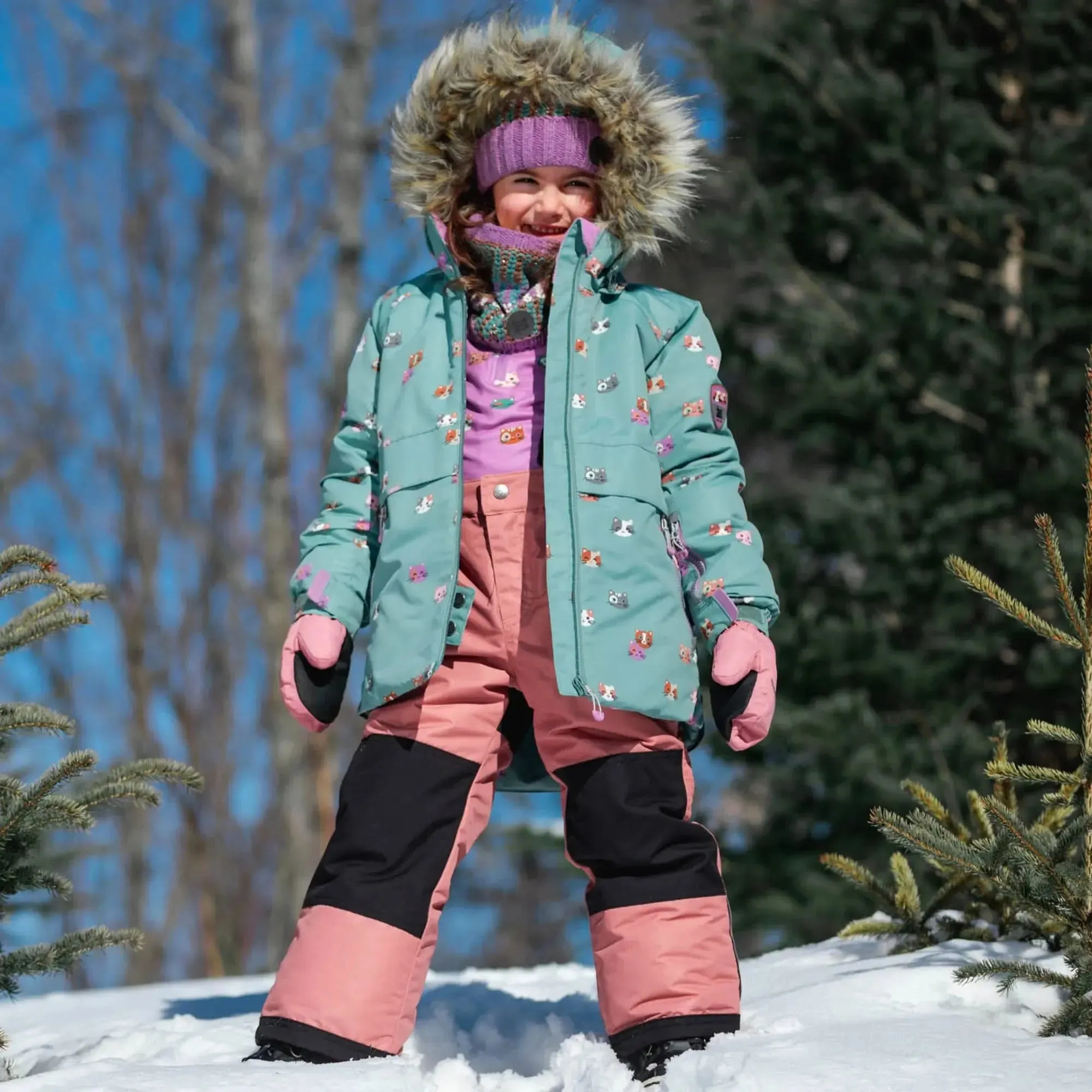 Printed Little Cats Two Piece Girls Snowsuit Sage Green And Rosy Brown | DEUX PAR DEUX