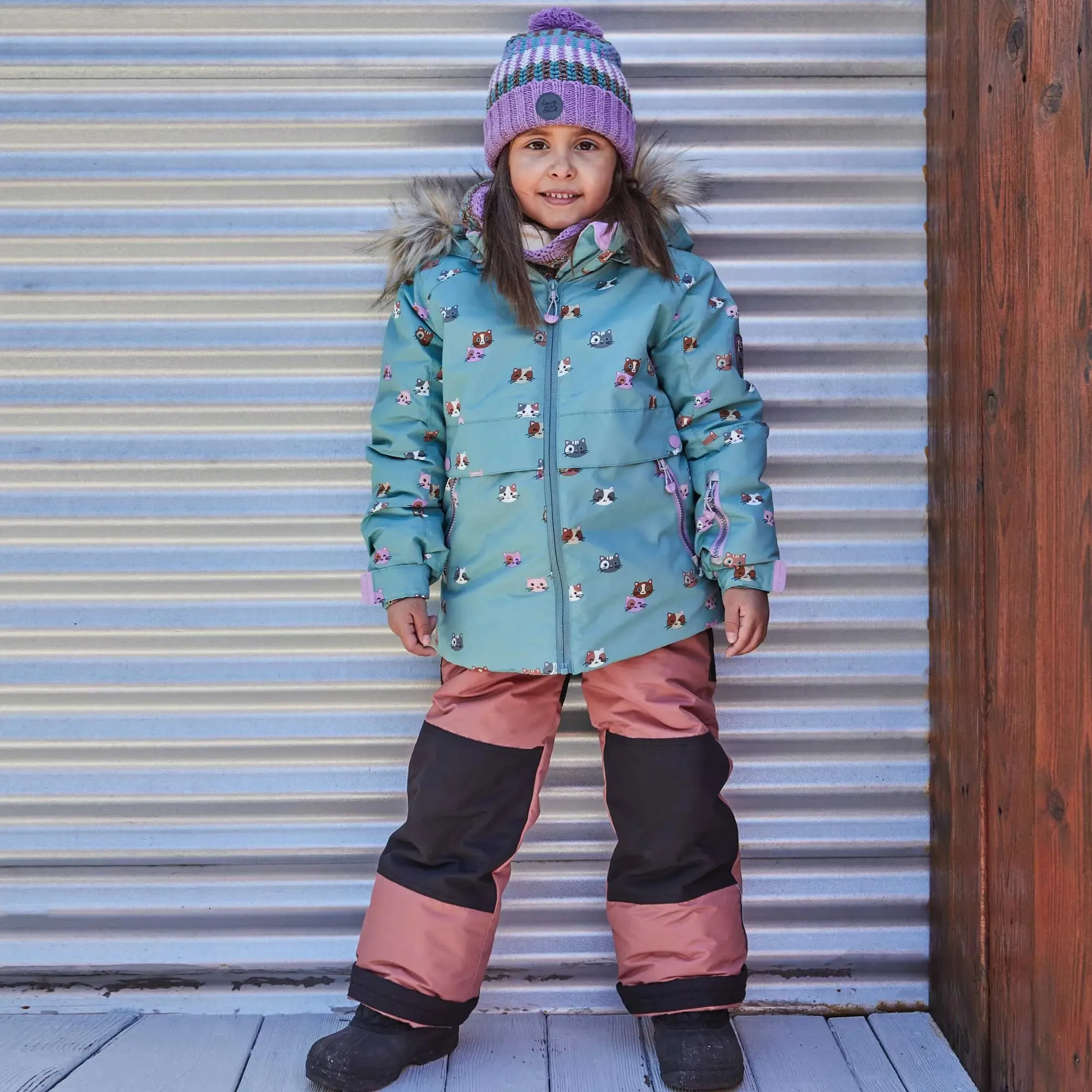 Printed Little Cats Two Piece Girls Snowsuit Sage Green And Rosy Brown | DEUX PAR DEUX