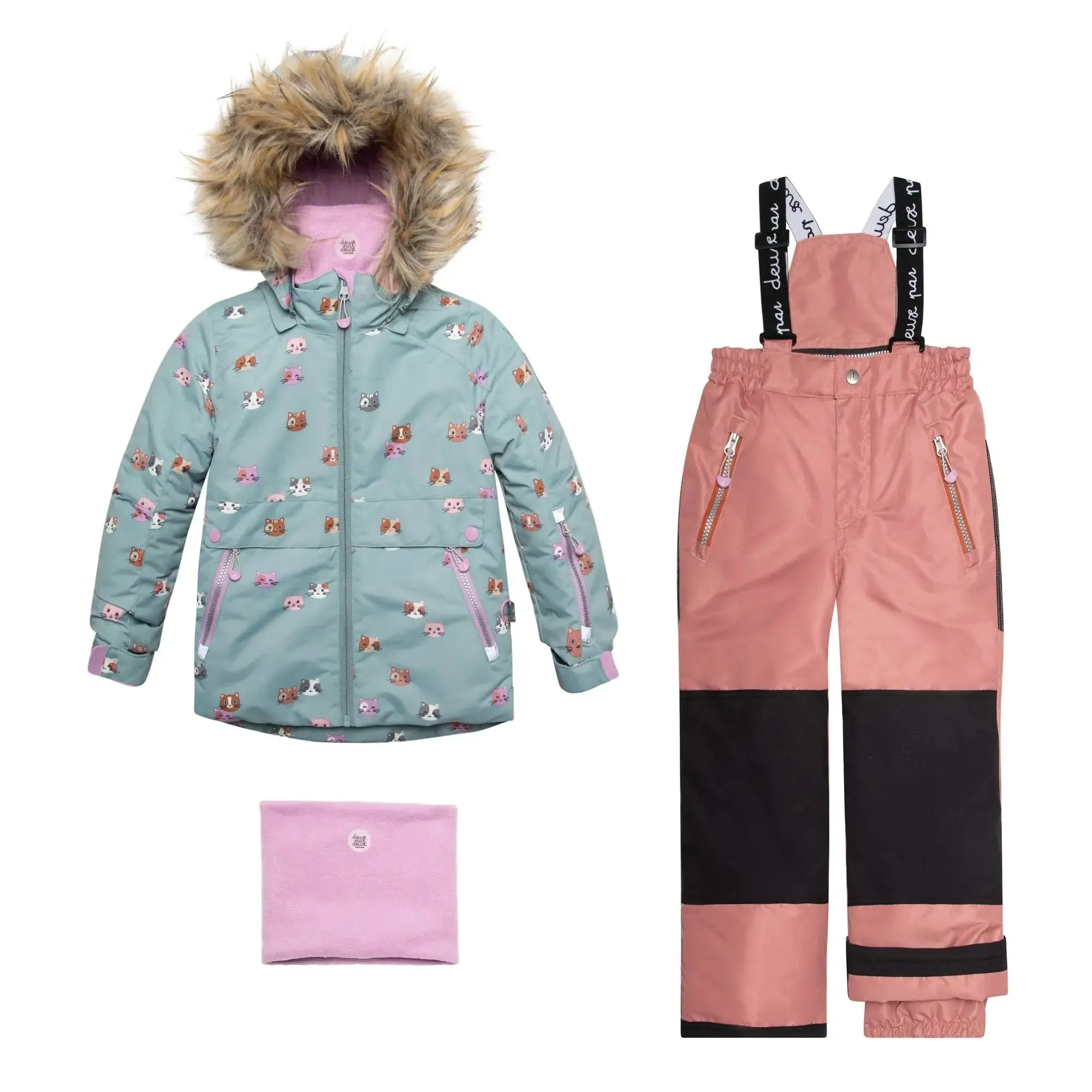 Printed Little Cats Two Piece Girls Snowsuit Sage Green And Rosy Brown | DEUX PAR DEUX