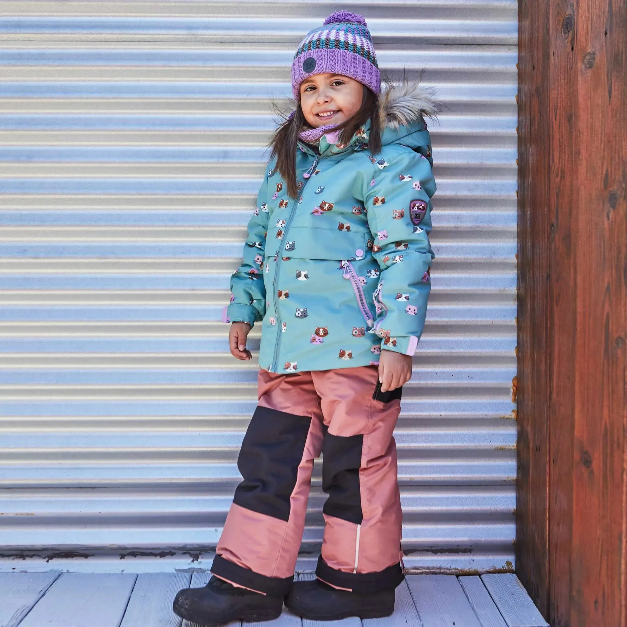 Printed Little Cats Two Piece Girls Snowsuit Sage Green And Rosy Brown | DEUX PAR DEUX