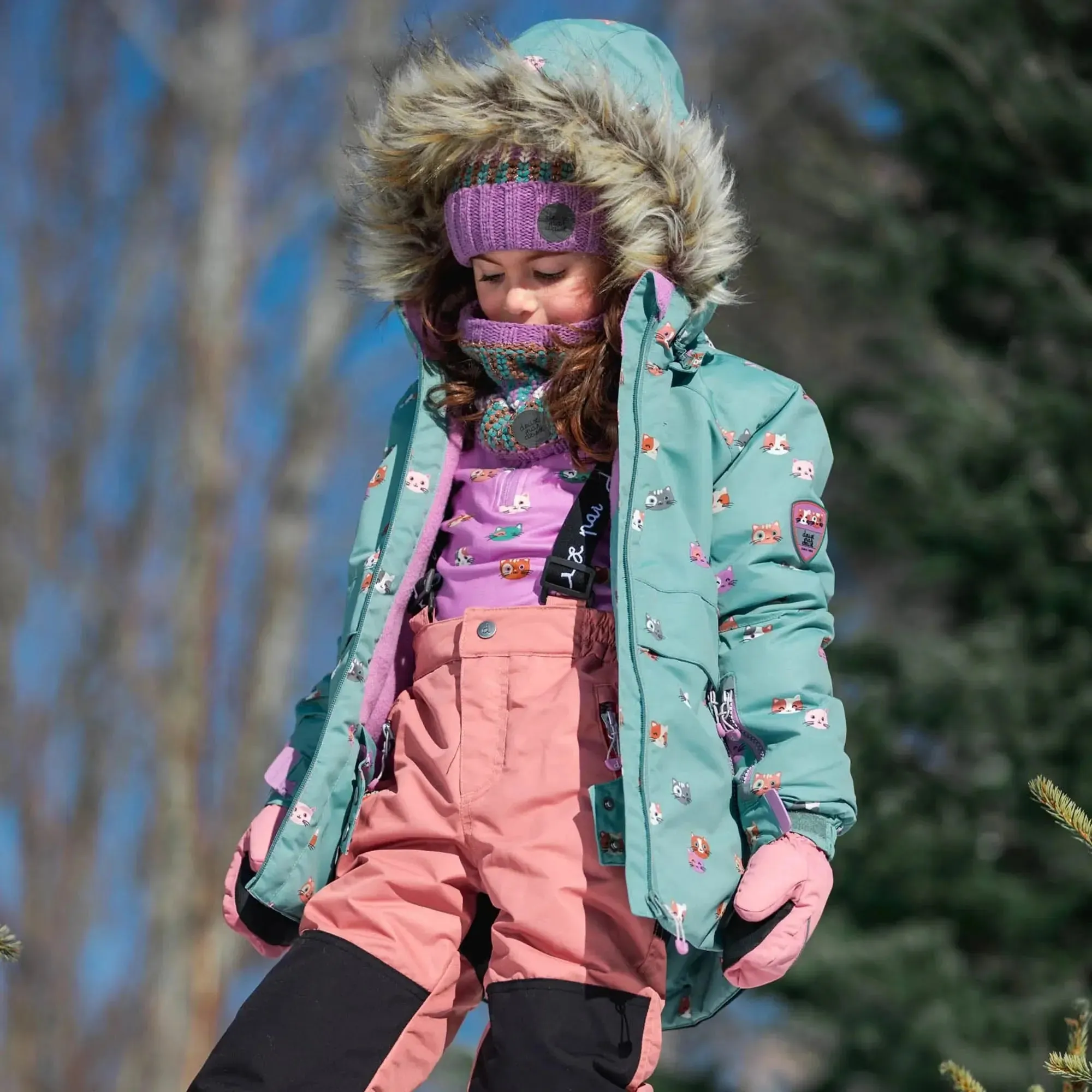 Printed Little Cats Two Piece Girls Snowsuit Sage Green And Rosy Brown | DEUX PAR DEUX