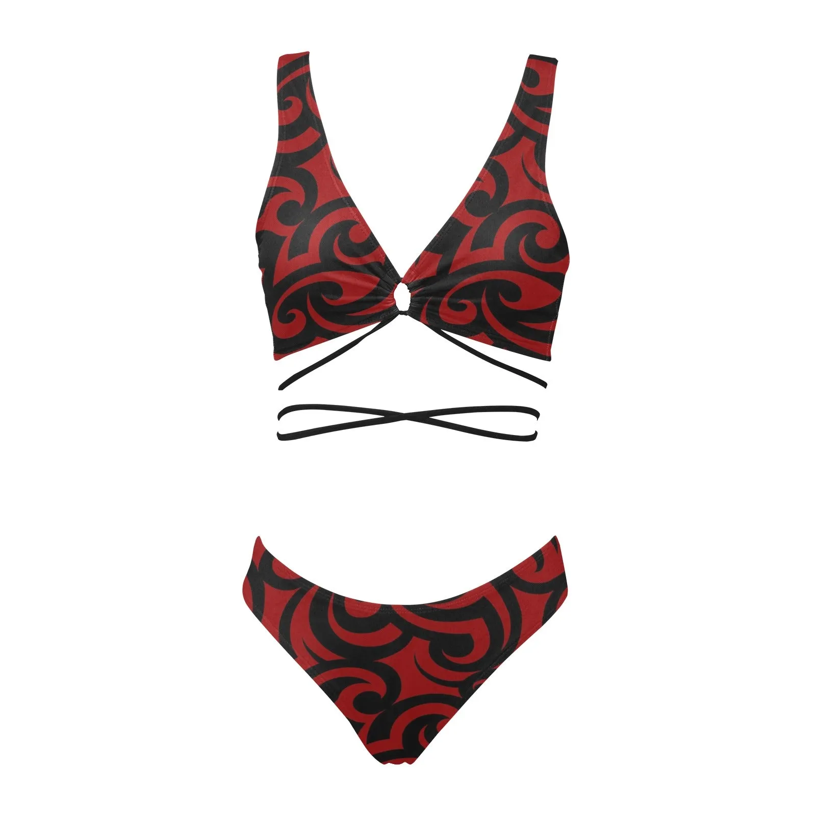 red and black scroll print Cross String Bikini Set (Model S29)