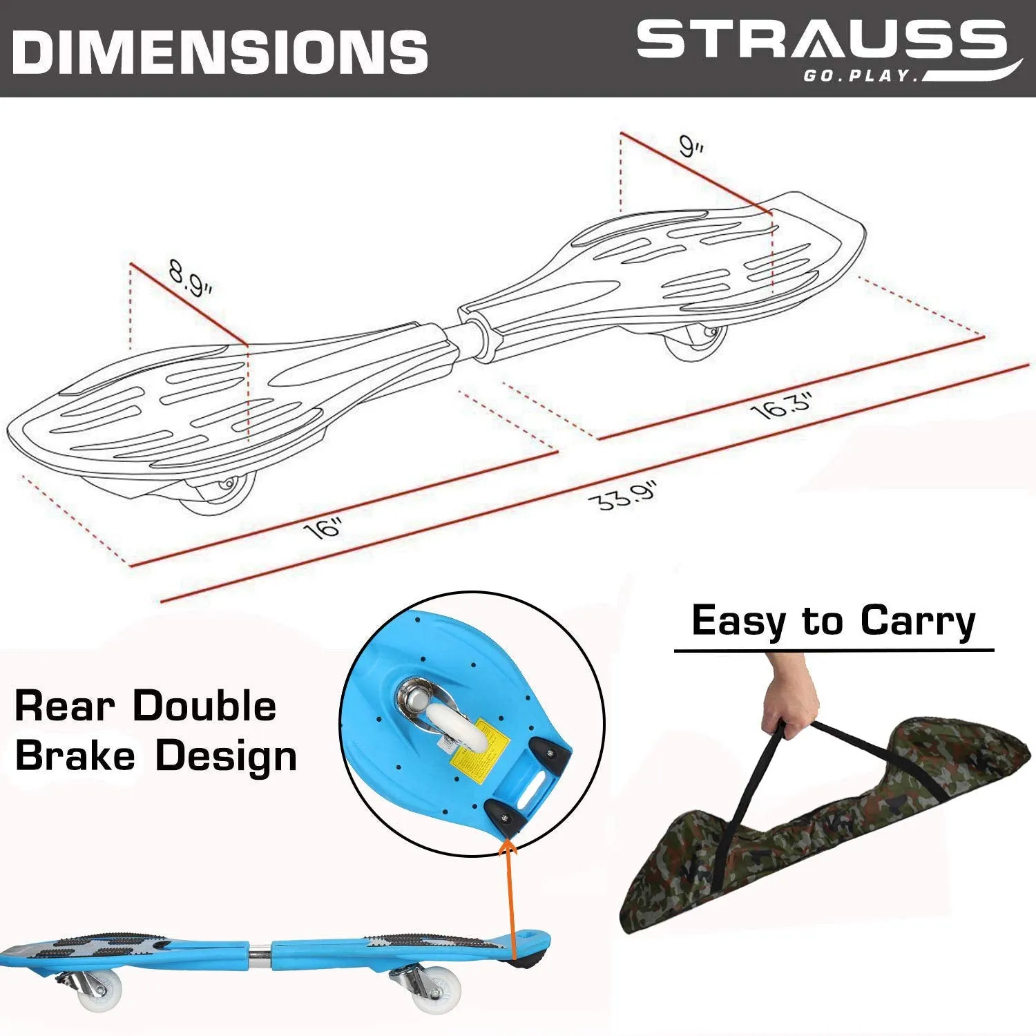 Strauss Bronx SF Waveboard/Caster Board/Balancing Board | Heavy Duty Skateboard with 360-degree Caster Wheels | Lightweight with Illuminating Wheels | Ideal for All Skill Level